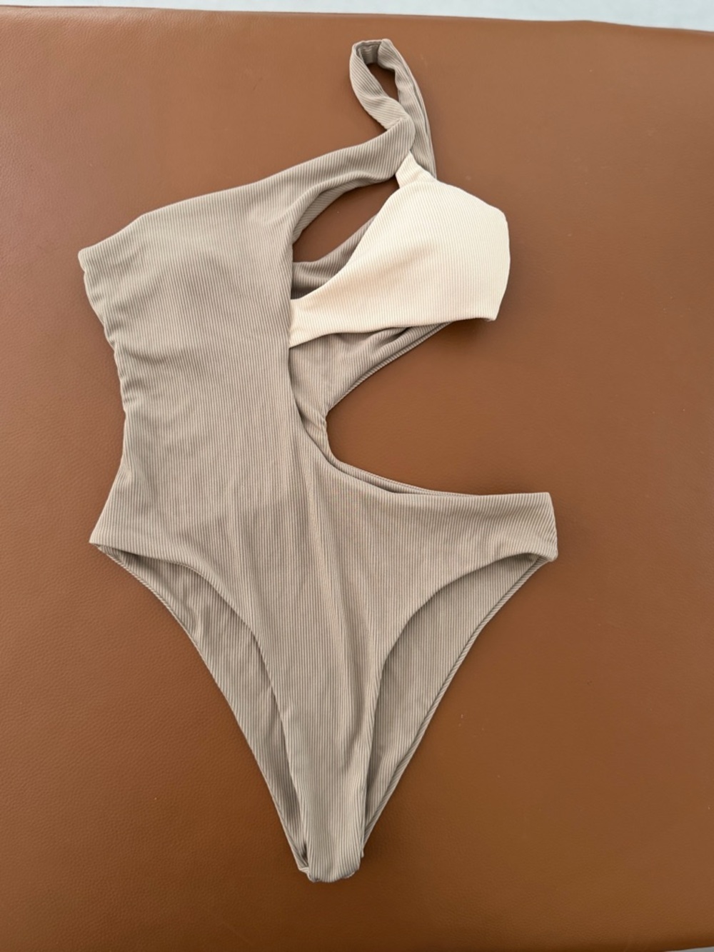 MIRAZUL Ribbed One Shoulder Cut-Out Swimsuit Bodysuit | Nude | Size M